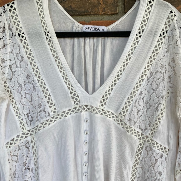 Reverse 3/4 sleeve white lace blouse top - Picture 2 of 4